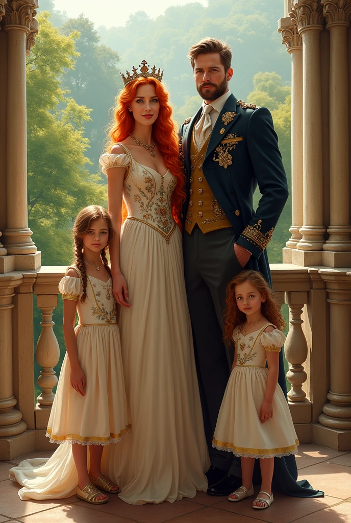 An orange-haired queen with her husband and 2 daughters on a British balcony