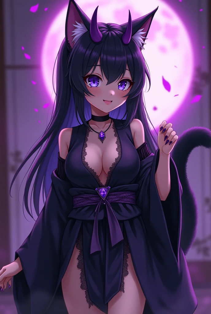 furry cat girl, anime western style art, small cat ears, fur covered succubus tail, medium sized breasts, blue slightly violet colored cat eyes, thin slit irises, thin iris, violet mist aura, small closed lip smile, uwu face,  body, black kimono laced with dark purple linen, angle on the left side, furry body, black fur, violet claws, furry person, paws, cat face, muzzle, Japanese background, paws, demonic violet aura, long hair, silky hair, straight hair, black fur covering entire body, Multiple tails, small purple demon horns, toe-beans on paws, purple claws, visable paw pads, cute, magical violet aura, black fur, purple gemstone kimono, 9 cat tails.
