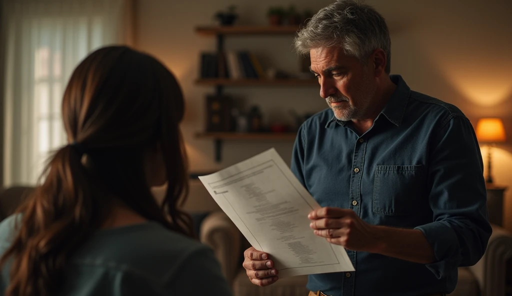 A man holding divorce papers in front of his wife