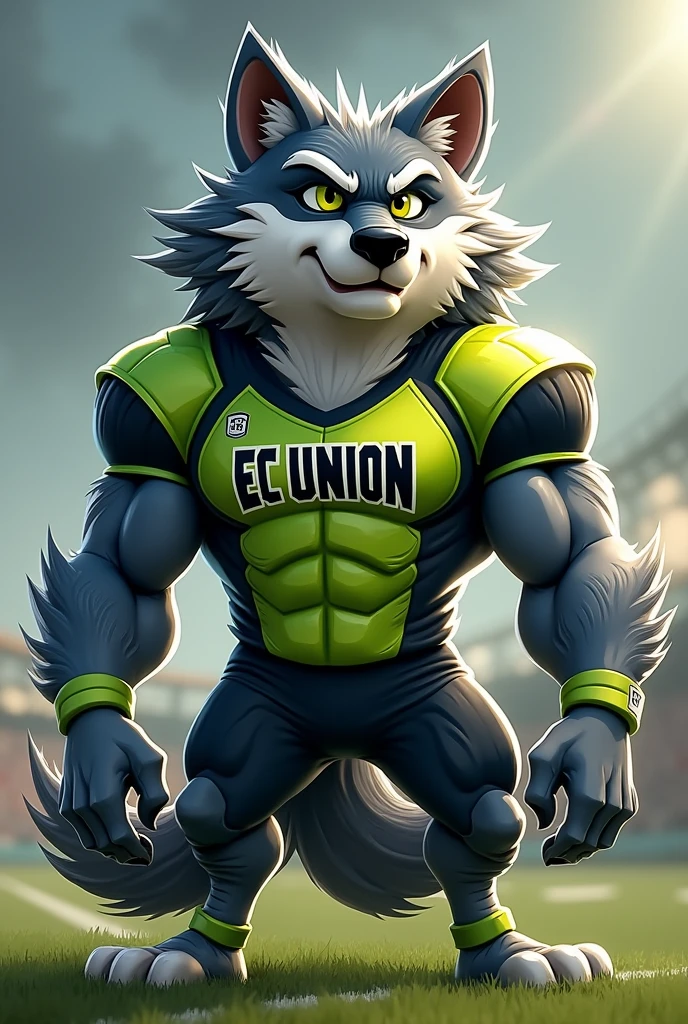 a mascot for a football team, a wolf with a confident face, with lime green uniform, white and black, written EC Union on the shirt