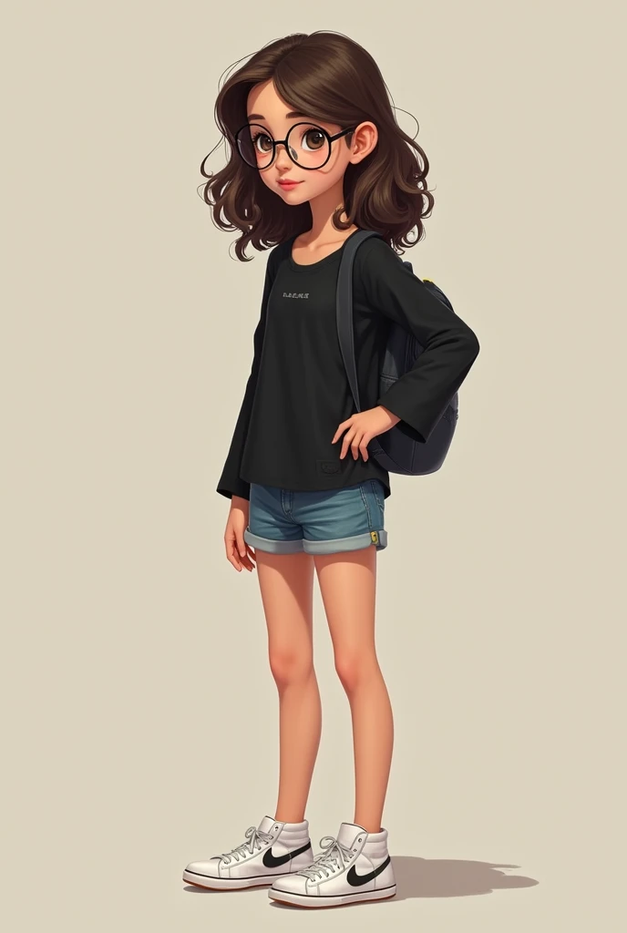 A brunette teenager with glasses and long medium-dark brown hair wearing shorts with a black blouse and Nike sneakers