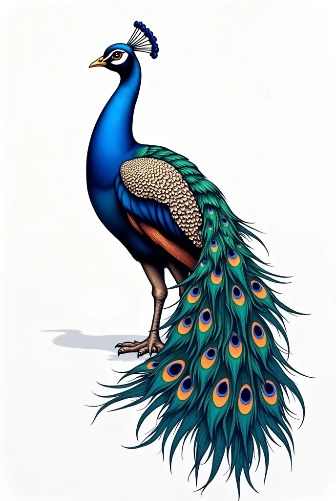Blue peacock drawing from the side , with the wings aside, in tattoo format with bold lines, colorful eye-shaped feathers