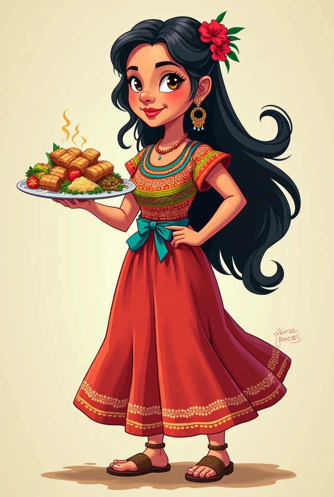 A woman in traditional Guatemalan costume with a plate of food in her right hand and her left hand on her hip 2D cartoon