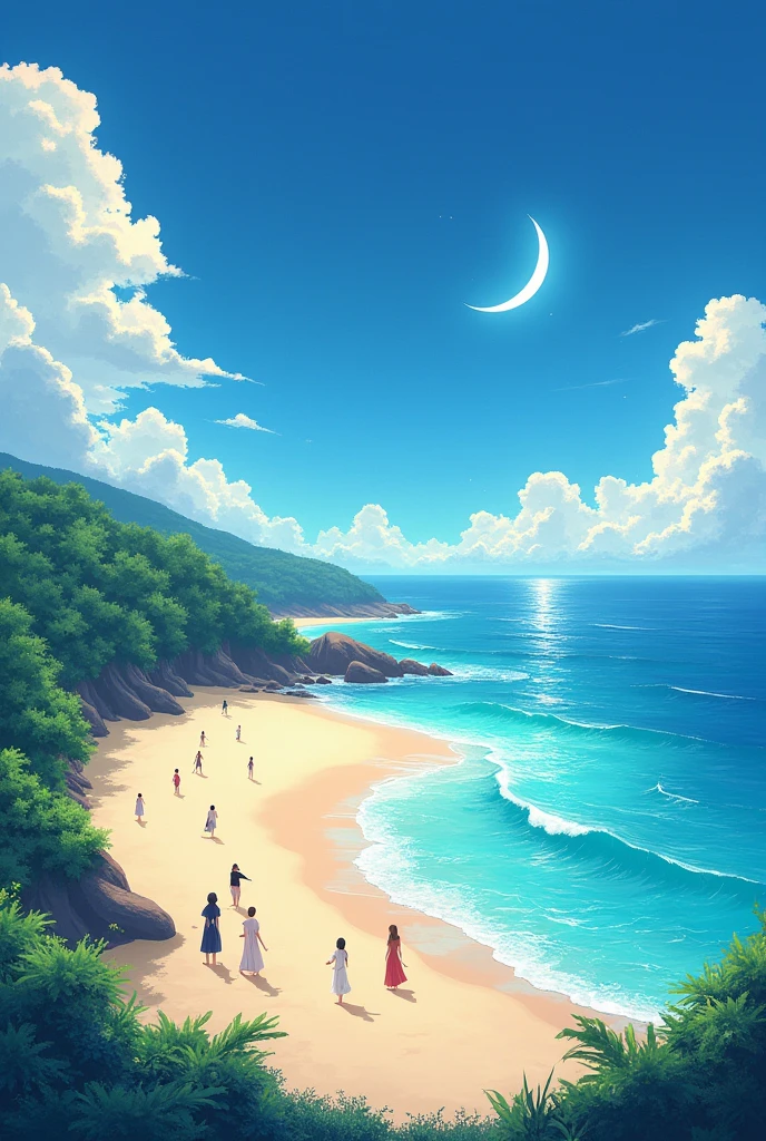 beautiful beach in the late afternoon with crescent moon in the sky and bright sea anime style