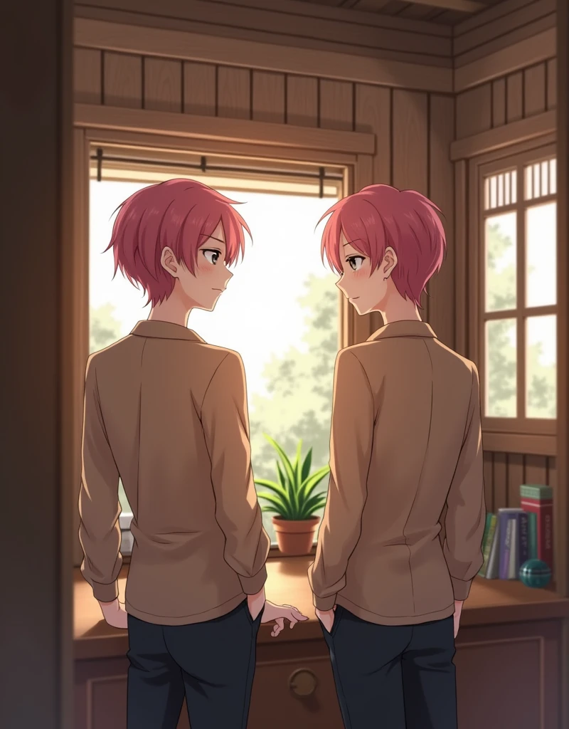 A 2 anime male character with pink hair and beige eyes wearing a brown shirt and black pants in a cabin alone