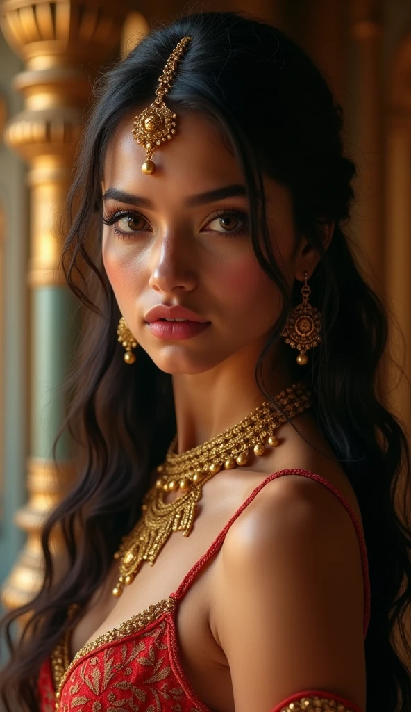 a beautiful young girl, extremely detailed eyes, beautiful detailed lips, long dark hair, golden jewelry, middle eastern style dress, ornate background, (best quality,4k,8k,highres,masterpiece:1.2),ultra-detailed,(realistic,photorealistic,photo-realistic:1.37),detailed facial features,striking portrait,dramatic lighting,vivid colors,cinematic composition