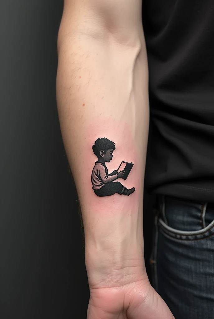 1. **Tatouage avant-bras minimaliste pour homme** : Une silhouette d'enfant assis, absorbé dans la lecture d'un livre, réalisée en lignes fines et sans remplissage noir. Le design est simple, avec des détails épurés et une taille qui s'adapte parfaitement à l'avant-bras.