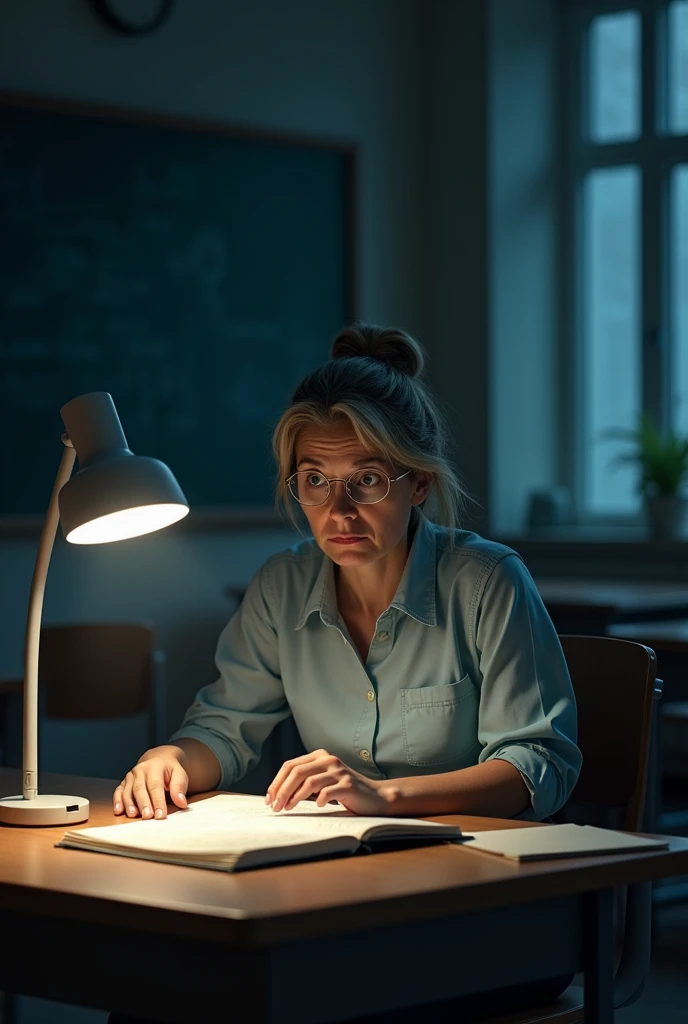 The science teacher was reviewing her notes for physics class.. Suddenly, the lights flickered and went out.