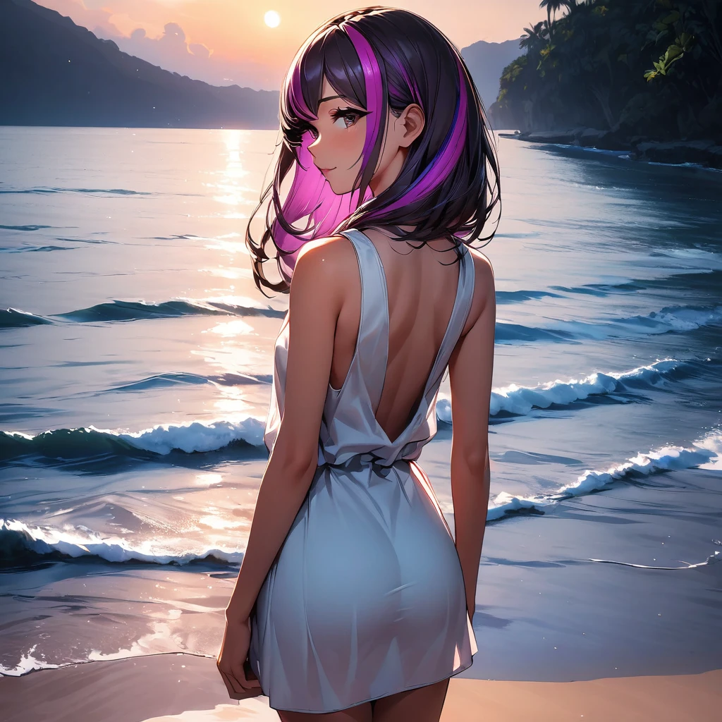 (highest quality:1.2, Very detailed, up to date, Vibrant, Ultra-high resolution, High Contrast, masterpiece:1.2, highest quality, Best aesthetics), super wide angle, Portraiture、girl、surfer, solo, (25-years-old:1), Bright colors、Beautiful fine details、Beautiful lip detail, long hair、black and purple ((streaked hair:1.6)), highlights hair: 1.5, brown eyes, ((slim body:1.4)), (small breast:0.7), (dark skin:0.5), summer dress, loose fit, standing tropical beach, from behind, looking sunset, back view,  (full body:1),