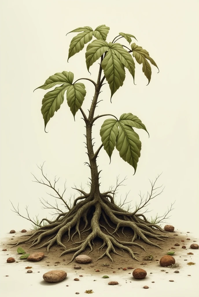 A drawing where there is a plant and you can see the fallen leaves on the floor, that the leaves of the plants are a little droopy and the green color a little brown , that the plant is a little low, without a pot and planted in the ground where the roots are visible