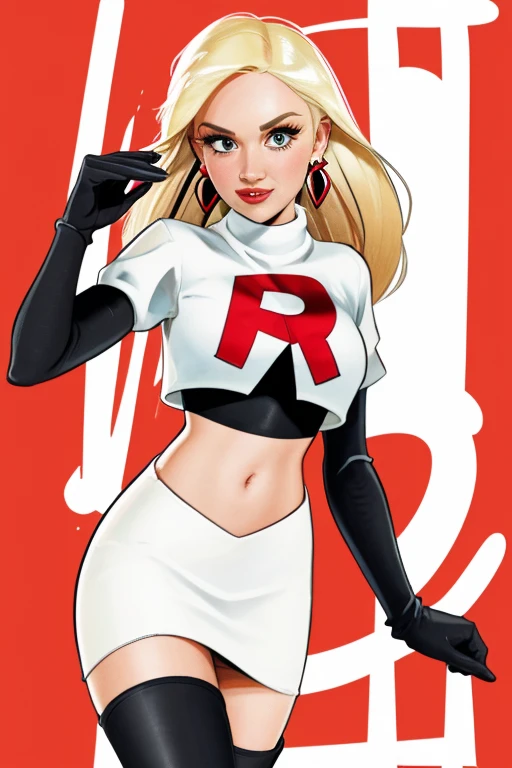 The face of Gwen stefani, 1girl, solo, team rocket,team rocket uniform,white skirt,red letter R,crop top,black thigh-highs,black elbow gloves, earrings, large breasts, 
