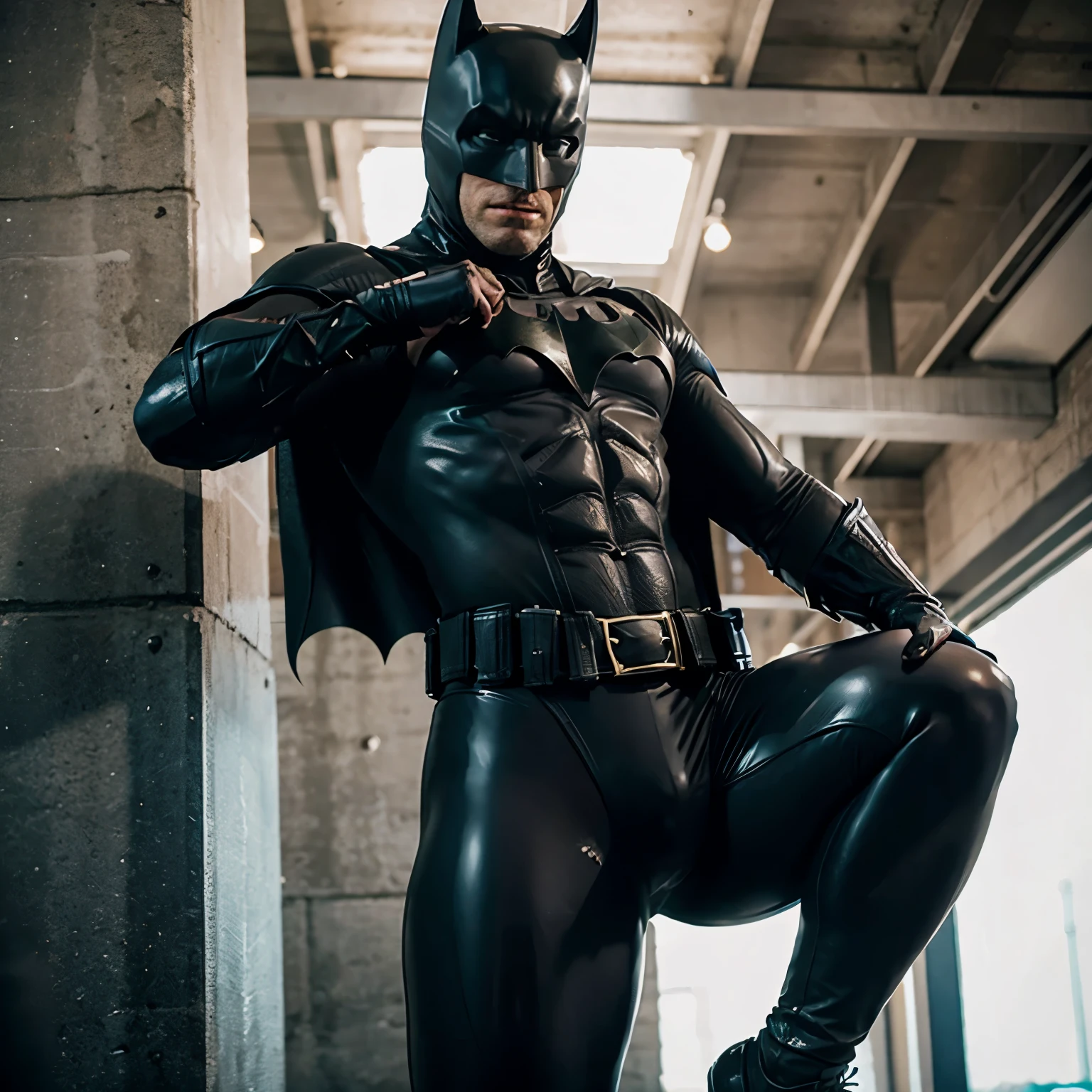 Batman showing his bulge in latex leggings