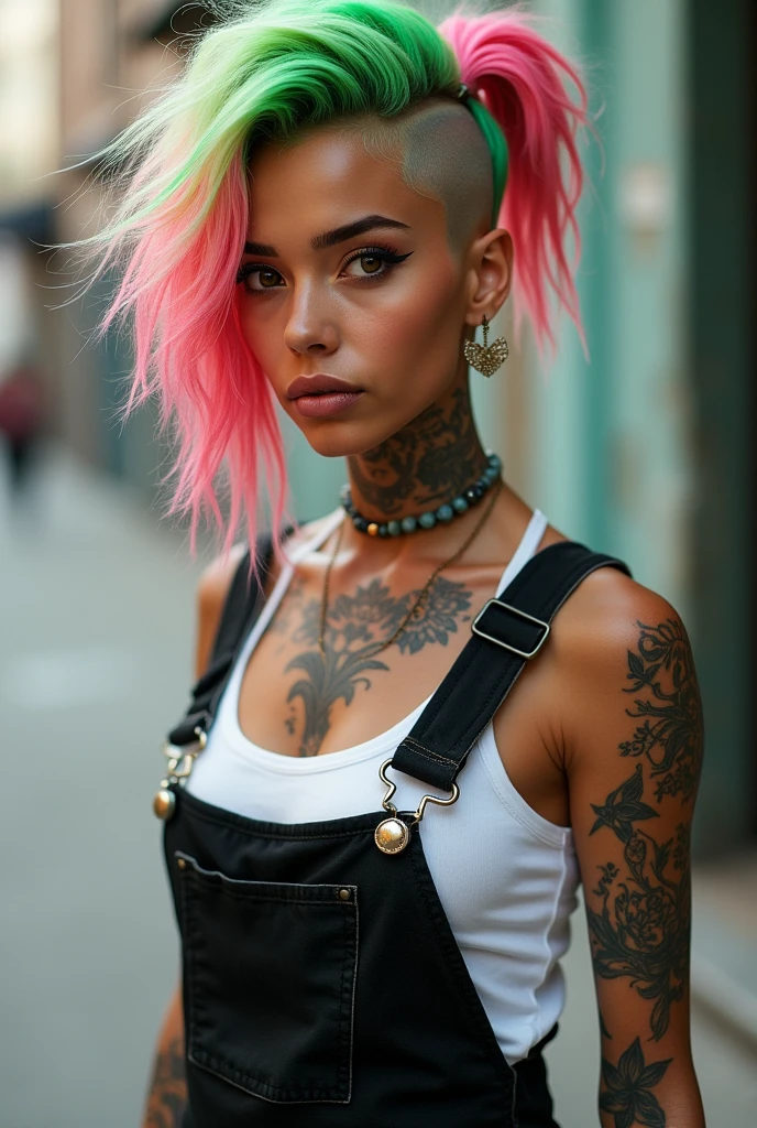 Spanic woman with tanned skin, halfshaved haircut, dyed in green and pink, wearing black overalls with a white tank top and with tattoos on her arms and the neck