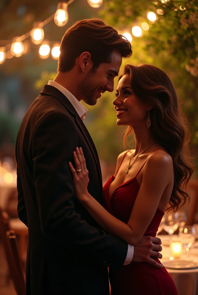 "A charming and confident man seducing a woman. The man is wearing an elegant suit and smiling attractively, while the woman, wearing a sophisticated dress, smiles and looks interested. The setting is a romantic environment, such as a candlelit restaurant or a softly lit outdoor area."