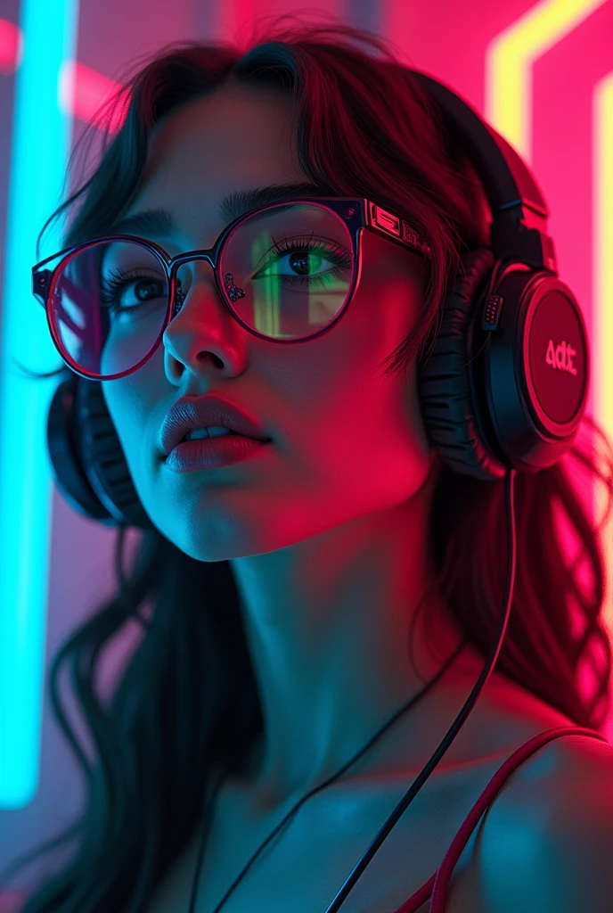 a close up of a woman wearing neon glasses and a headphone, bright cyberpunk glow, cyberpunk vibes, dreamy cyberpunk girl, cyberpunk art style, cyberpunk vibe, style hybrid mix of beeple, glowwave girl portrait, aesthetic cyberpunk, the cyberpunk girl portrait, cyberpunk artstyle, cyber aesthetic, has cyberpunk style, cyberpunk portrait, hyper-realistic cyberpunk style, in cyberpunk style