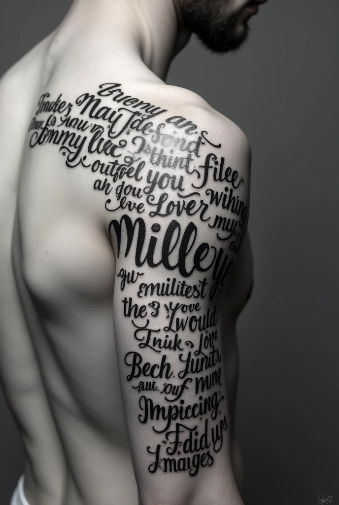 closed arm tattoo of phrase in the shape of a chain. white male, 
19yearsold. focus on the tattoo the idea is to have several phrases (forming chains) descending from the shoulder to the wrist. 

