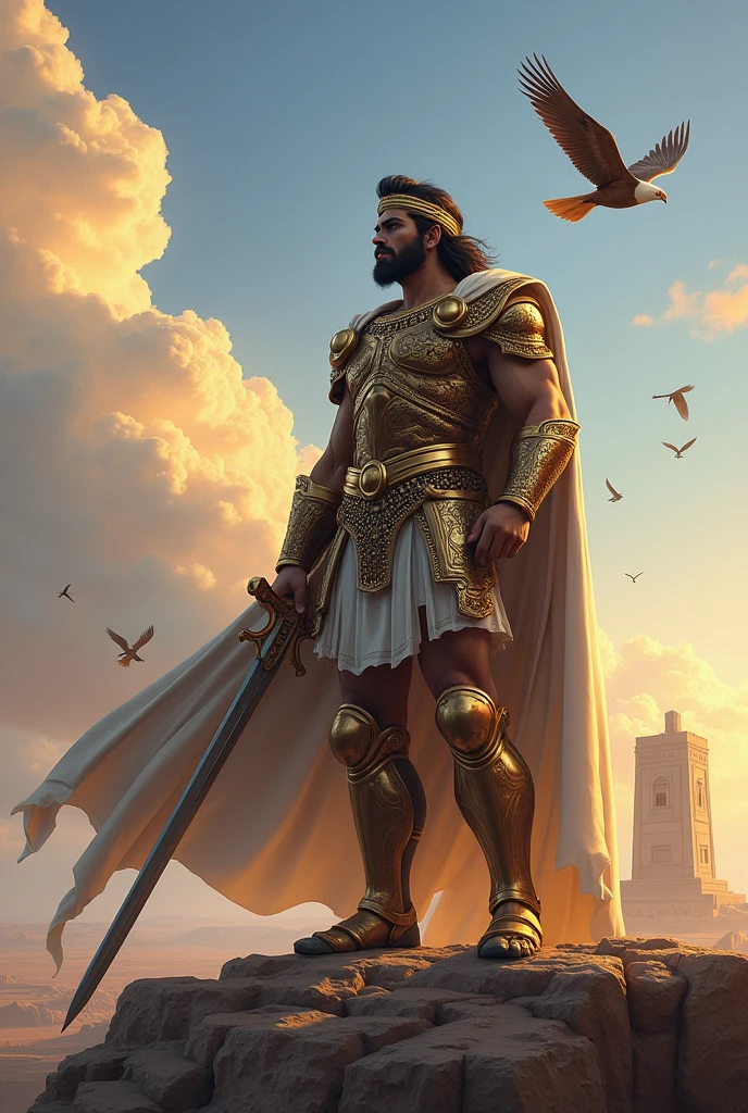 cyrus the great staning on a large hill  looking right
Wearing luxury armor 
Holding down a sword in his right hand 
Tomb of Cyrus the Great  in background 
Some birds flying high 
An eagle flyng above knight's head 
