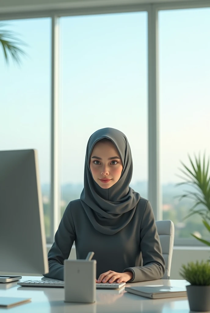 Hijabi girl working on computer in office glass full window in background light colors another