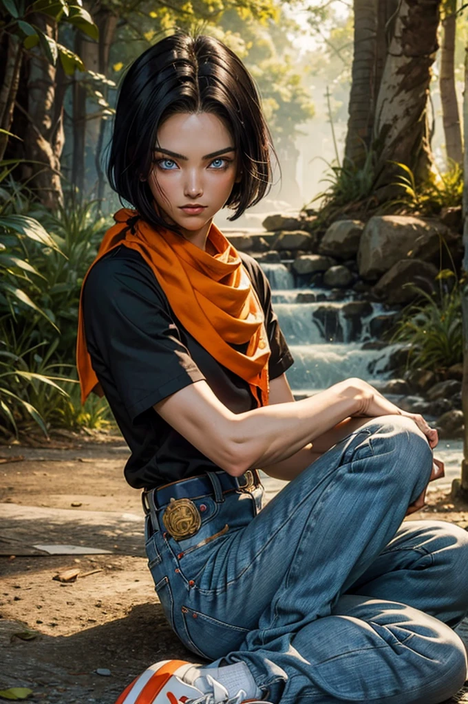 A masterpiece, best quality, intricate detailed eyes, perfect face, high resolution, 1 boy, alone, android 17 boy, (masculine physique:1.3), blue eyes, black hair, parted hair, short hair, black shirt, jeans, layered shirt, white sleeves, orange bandana, blue sneakers, green socks, brown belt, red freckles, outdoor, landscape, sitting on the ground, portrait, looking at viewer