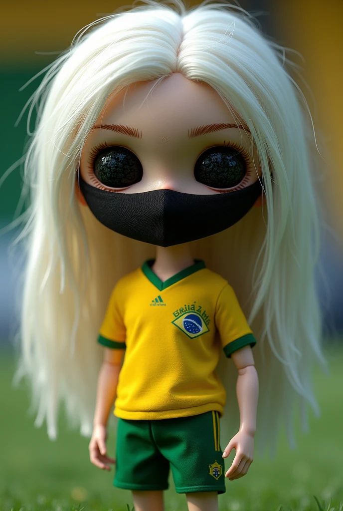 3d doll with white hair, rocky eyes, black mask, brazil 2023 world cup shirt