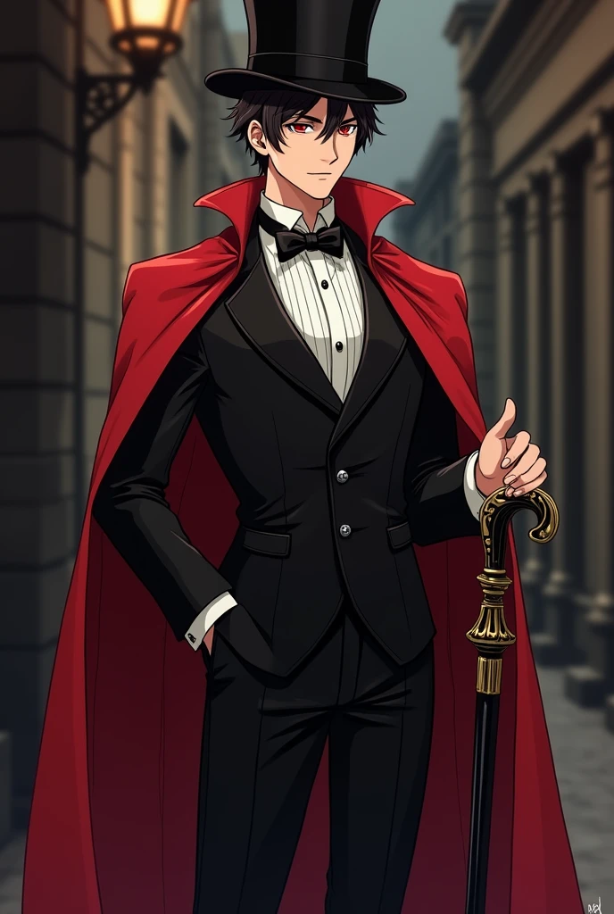 Create a young man with a top hat and a suit and a red cape and holding a cane as a drawing or anime