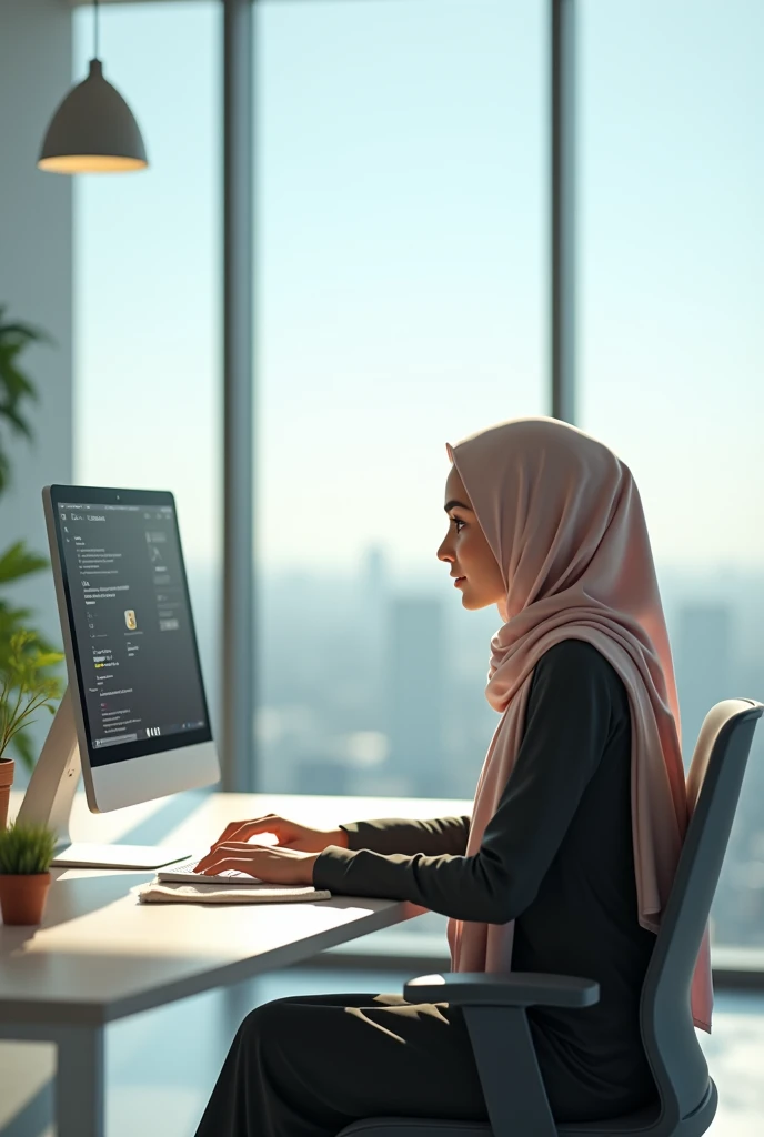 Hijabi girl working on computer  in office glass full window in background light colors another

