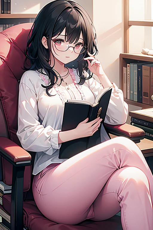 4 woman with short black wavy hair and transparent glasses wearing pink pants and a white lace blouse sitting on a chair with her legs crossed reading a book and with a kitten by her side.