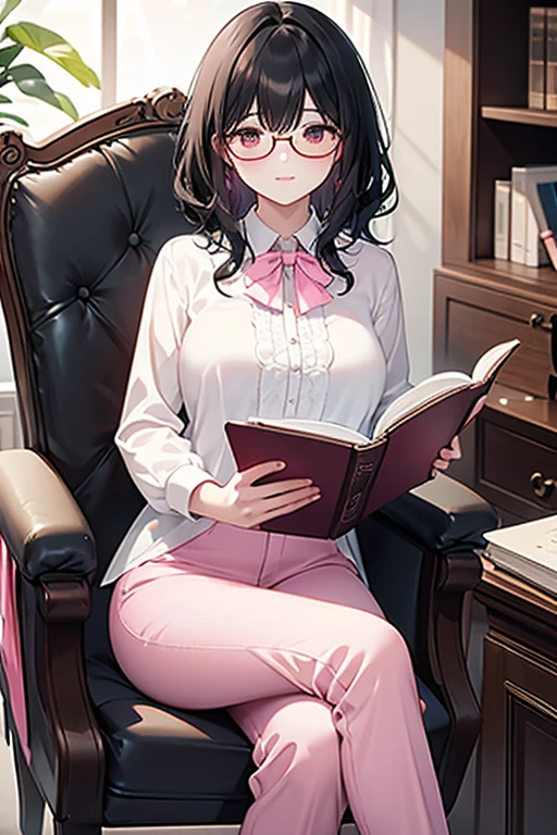 4 woman with short black wavy hair and transparent glasses wearing pink pants and a white lace blouse sitting on a chair with her legs crossed reading a book and with a kitten by her side.