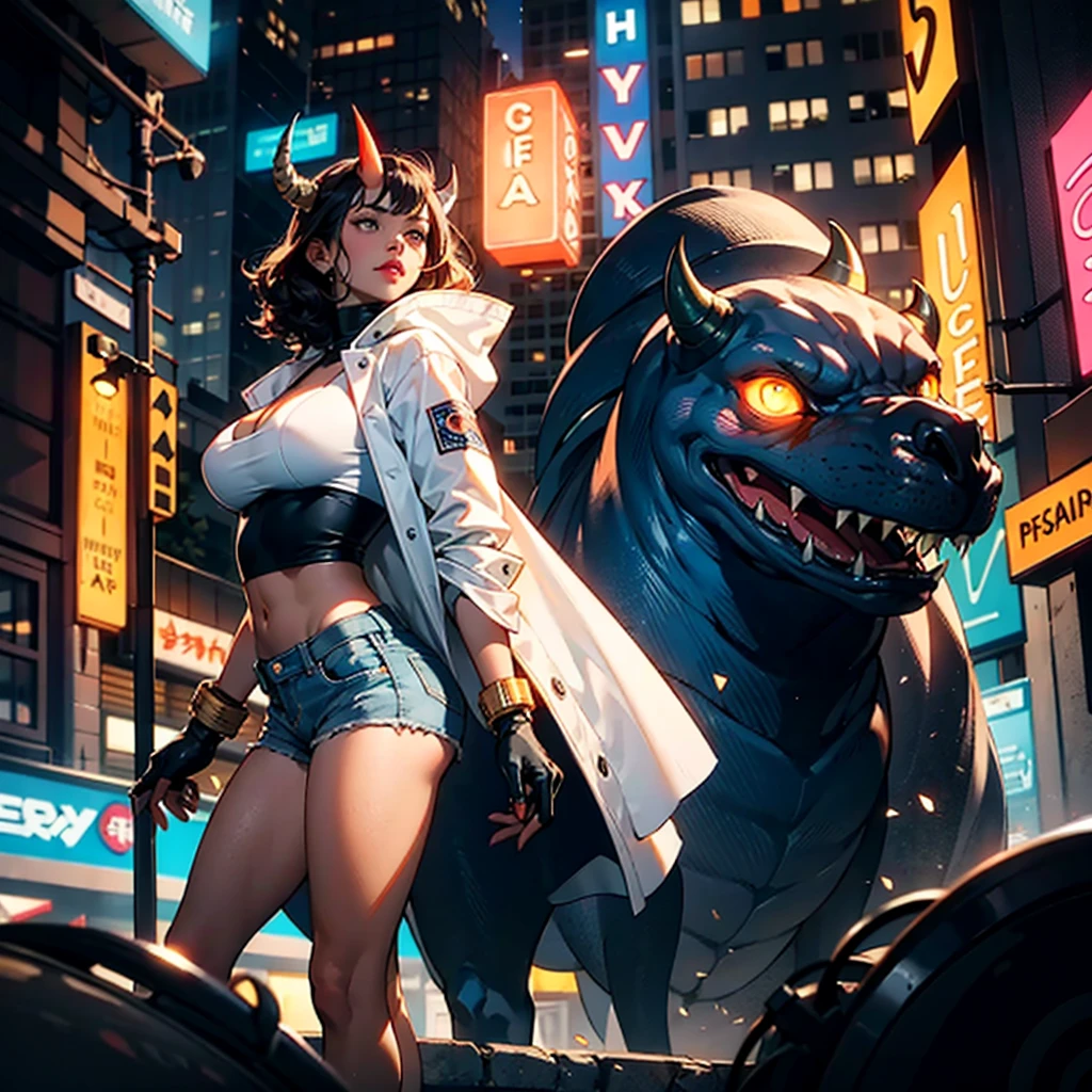 ((best quality)), (detailed), 1 brutal women, 8k_wallpaper, extremely detailed eyes, (large masterpiece digital art), (intricate details:1.3 ), (ultra-detailed:1.3), (sharp focus:1.3), (natural lighting:1.05), (vivid colors:1.3), (best quality:1.4), expressive eyes, full body, detailed face, beautiful face, perfect face, ((hair black curls)), ((blue horns)), (gold eyes), {{dark skin}}, ({dark skinned female}), (big breasts), huge chest, big wide ass, powerful relief muscles of the abdomen and legs, powerful strong muscles of the arms, a predatory aggressive smile with many fangs and a cruel predatory gaze, dressed in an open white coat with rolled up sleeves, a translucent dark blue crop top through the fabric, the clear outlines of large pointed nipples are visible, denim mini-shorts, leather gloves, steel bracelets, a large hiking backpack, walks through the city at night against the backdrop of neon signs advertising and labels of adult establishments, against the backdrop of bars and brothels, in the style of cyberpunk and rock and fantasy of the distant future,