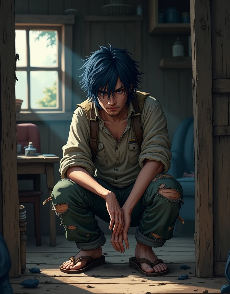 Dark blue haired young man in torn clothes in a cabin