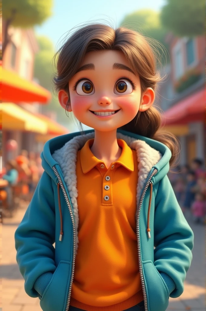 Girl with orange polo shirt and blue sweatshirt .cheered up
