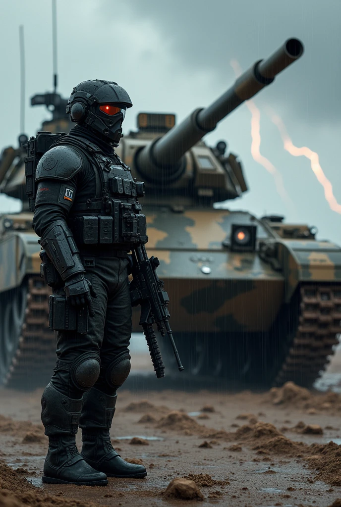 (photorealism:1.2), **Image Prompt:**
A heavily equipped soldier stands stoically beside a massive armored tank in a deserted battlefield. The soldier is clad in high-tech, dark-colored armor, bristling with advanced weaponry, including a powerful assault rifle and a sidearm strapped to his chest. His face is partially obscured by a visor, with glowing tactical display elements reflecting off it. The tank, towering over him, is painted in rugged camouflage and outfitted with massive cannons and reinforced plating, showing signs of past battles.

The weather is calm yet moody, with a light rain falling steadily, causing small puddles on the muddy ground. Raindrops streak down the soldier's armor and glisten on the tank's metallic surface. In the background, dark clouds hang low over the horizon, and distant flashes of lightning occasionally illuminate the scene, adding to the tension. The hyper-realistic details bring the moment to life, capturing the intensity of the soldier’s preparation amidst the quiet before the storm.