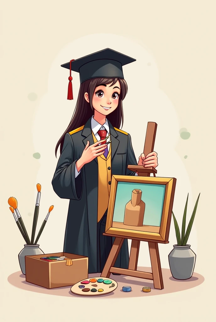 fine arts graduate wearing a graduation uniform, adding a box of colors, holding a palette of colors, and taking out a painting framed with a golden frame. cartoon drawing 2d drawing was outline, more detail