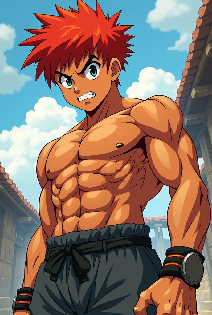 Make a robust  boy with muscles and cinnamon skin with red hair Also 2d anime style of baki He is the son of Yujiro Hanma