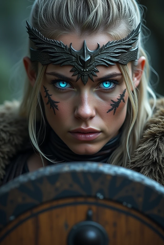 Close up face beautiful viking woman, wooden shield in hand , strong blue light in the eyes, crown with wings , tribal design on the eyes, Angry, bone ornaments on the neck, leather armor, focused