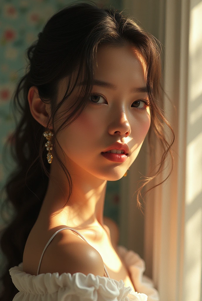 a detailed poster of clothing with muted colors, koaj logo, beautiful young woman, elegant pose, natural lighting, atmospheric, photorealistic, high quality, cinematic, subtle colors, intricate details, skilled digital painting