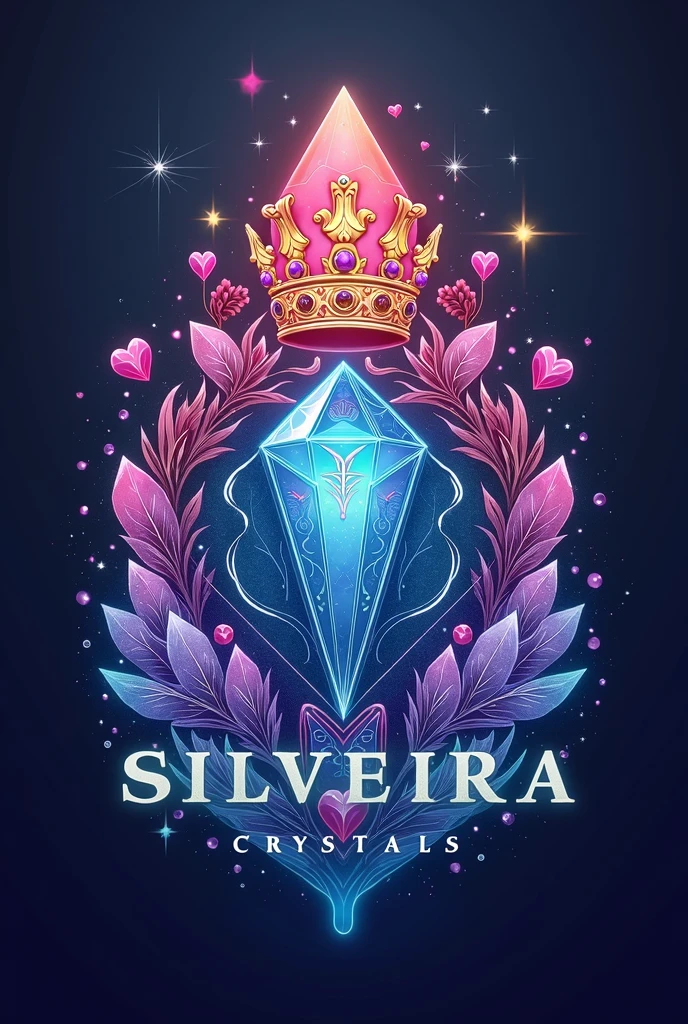 business logo with the name Silveira Crsytals written with drawings in crests and quartz and hearts with a magical background with colorful colors 