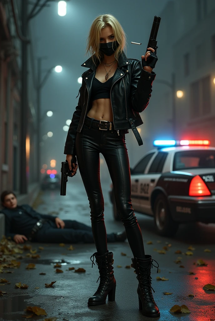 young girl, skinny, blond hair, black leather jacket, black leather low rise pants, black leather belt, black leather overknee boots, black leather gloves, gun in right hand, cigarette in keft hand, face mask, street by night, two police officers sleeping on street, police car in background