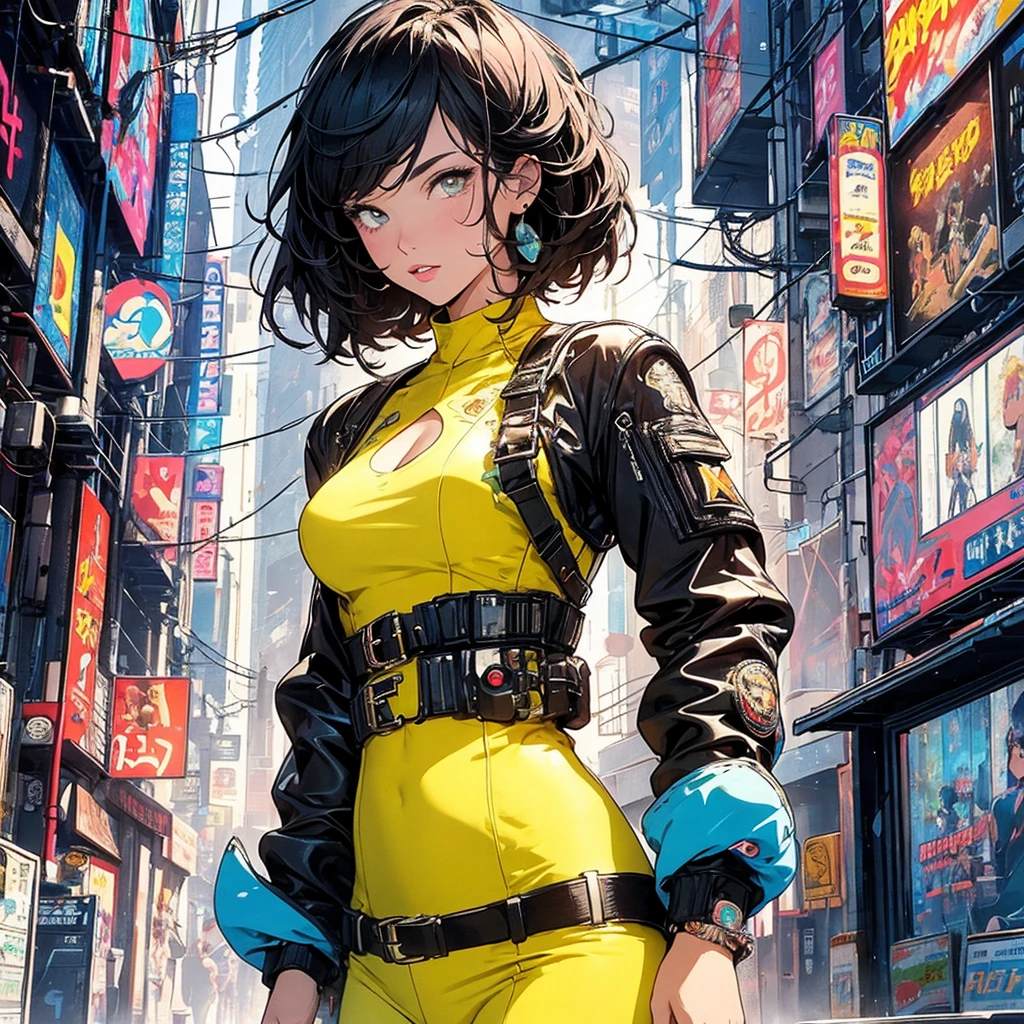 (masterpiece, highest quality), 32K,(highly detailed beautiful woman), poster,SF,1960s,1970s,bauhaus, shape, abstract,movie poster, vintage,retro,futuristic anime,ultimate map,highlight,highly detailed glowing eyes,cleavage,complicated pattern,Stylish hairstyle,fluorescence((yellow clothes)),Starry Sky,Cyberpunk street fashion,