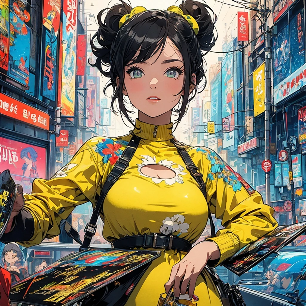 (masterpiece, highest quality), 32K,(highly detailed beautiful woman), poster,SF,1960s,1970s,bauhaus, shape, abstract,movie poster, vintage,retro,futuristic anime,ultimate map,highlight,highly detailed glowing eyes,cleavage,complicated pattern,Stylish hairstyle,fluorescence((yellow clothes)),Starry Sky,Cyberpunk street fashion,