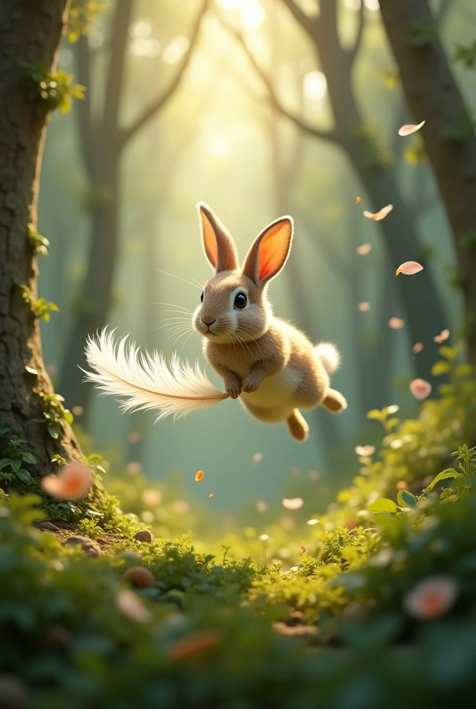 rabbit flying through the forest with a feather