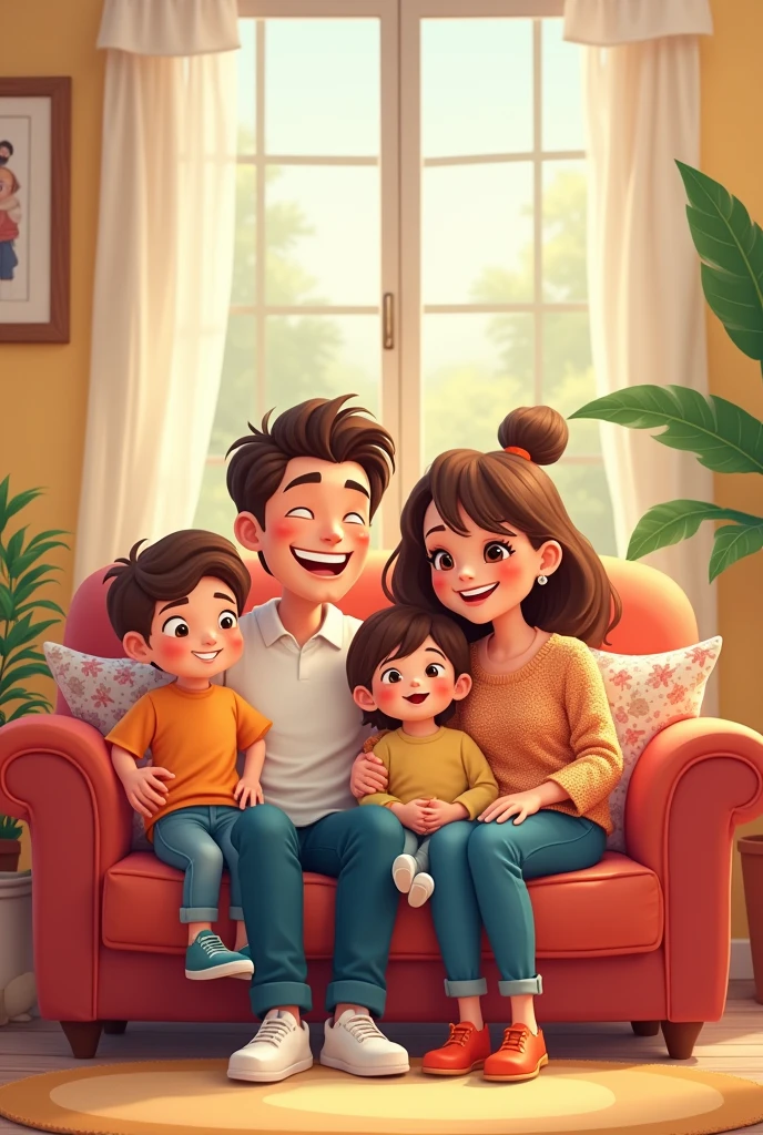 Illustration of a family with a father, Mother, son and daughter sitting on the sofa in a cartoon style