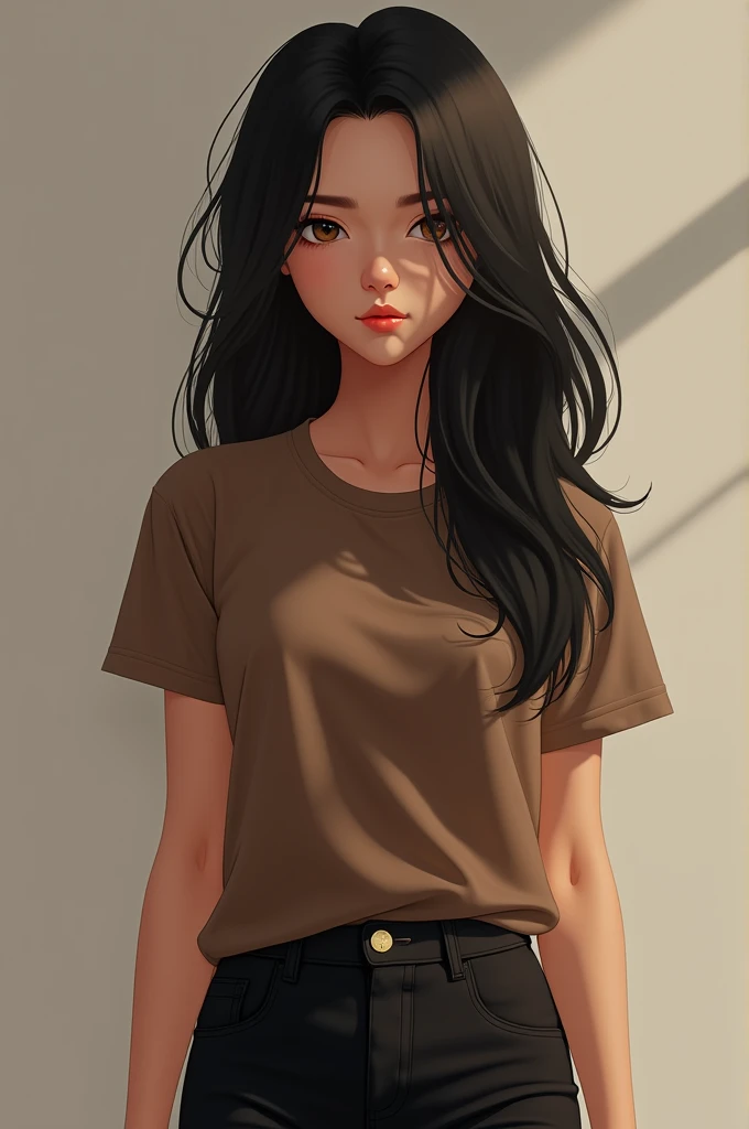 une belle fille de 17ans sexy avec les cheveux long ???? avec un t shirt marron et un pantalon noir