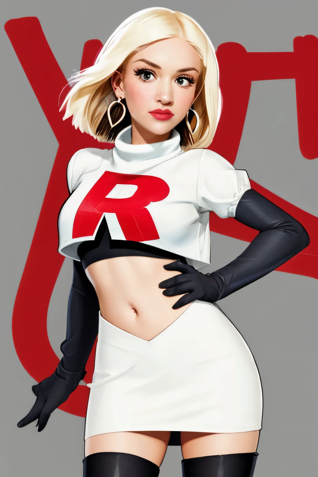 The face of Gwen stefani, 1girl, solo, team rocket,team rocket uniform,white skirt,red letter R,crop top,black thigh-highs,black elbow gloves, earrings, large breasts, 