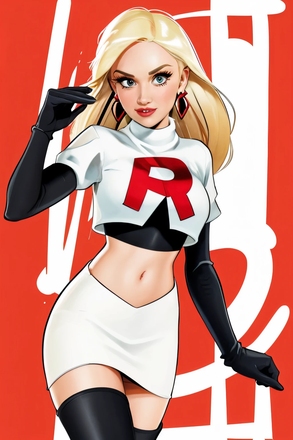The face of Gwen stefani, 1girl, solo, team rocket,team rocket uniform,white skirt,red letter R,crop top,black thigh-highs,black elbow gloves, earrings, large breasts,