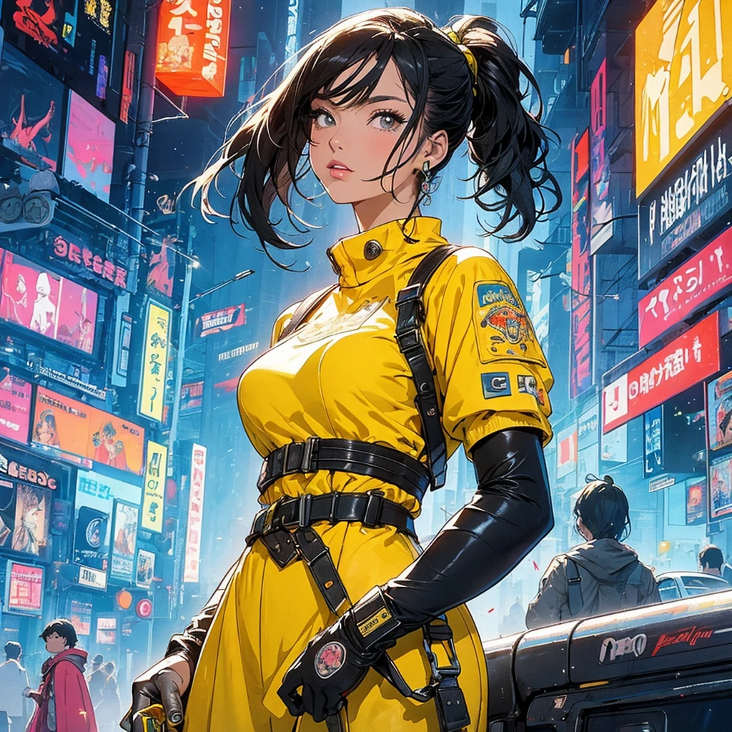 (masterpiece, highest quality), 32K,(highly detailed beautiful woman), poster,SF,1960s,1970s,bauhaus, shape, abstract,movie poster, vintage,retro,futuristic anime,ultimate map,highlight,highly detailed glowing eyes,cleavage,complicated pattern,Stylish hairstyle,fluorescence((yellow clothes)),Starry Sky,Cyberpunk street fashion,