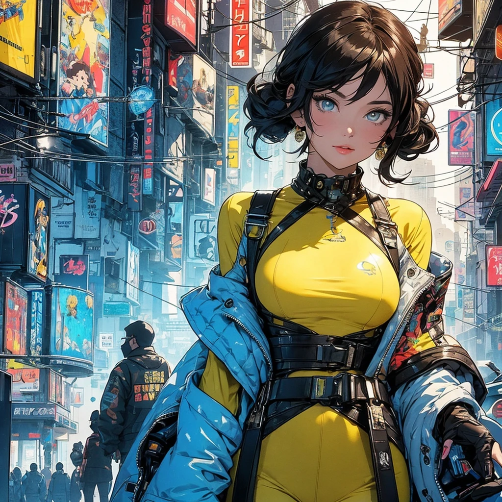 (masterpiece, highest quality), 32K,(highly detailed beautiful woman), poster,SF,1960s,1970s,bauhaus, shape, abstract,movie poster, vintage,retro,futuristic anime,ultimate map,highlight,highly detailed glowing eyes,cleavage,complicated pattern,Stylish hairstyle,fluorescence((yellow clothes)),Starry Sky,Cyberpunk street fashion,