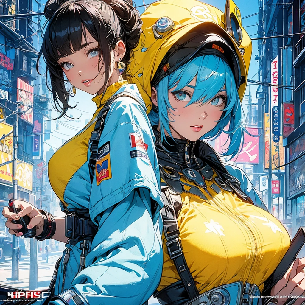 (masterpiece, highest quality), 32K,(highly detailed beautiful woman), poster,SF,1960s,1970s,bauhaus, shape, abstract,movie poster, vintage,retro,futuristic anime,ultimate map,highlight,highly detailed glowing eyes,cleavage,complicated pattern,Stylish hairstyle,fluorescence((yellow clothes)),Starry Sky,Cyberpunk street fashion,
