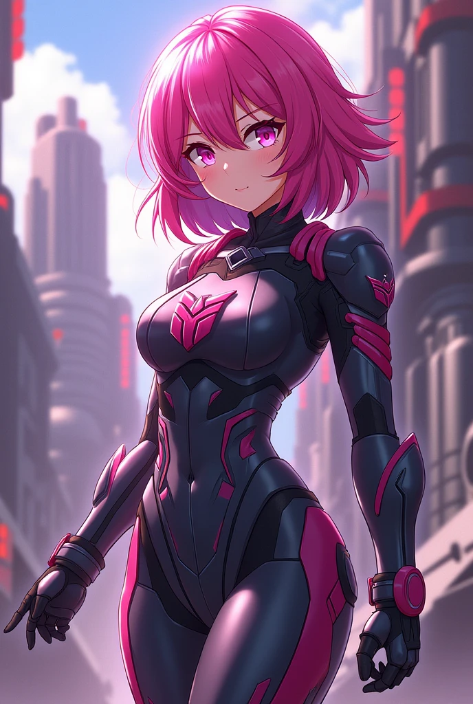 Create an anime character with these characteristics, She&#39;s a girl. She has pink hair and her eyes are also pink.. Belongs to the Autobots Elite Guard 