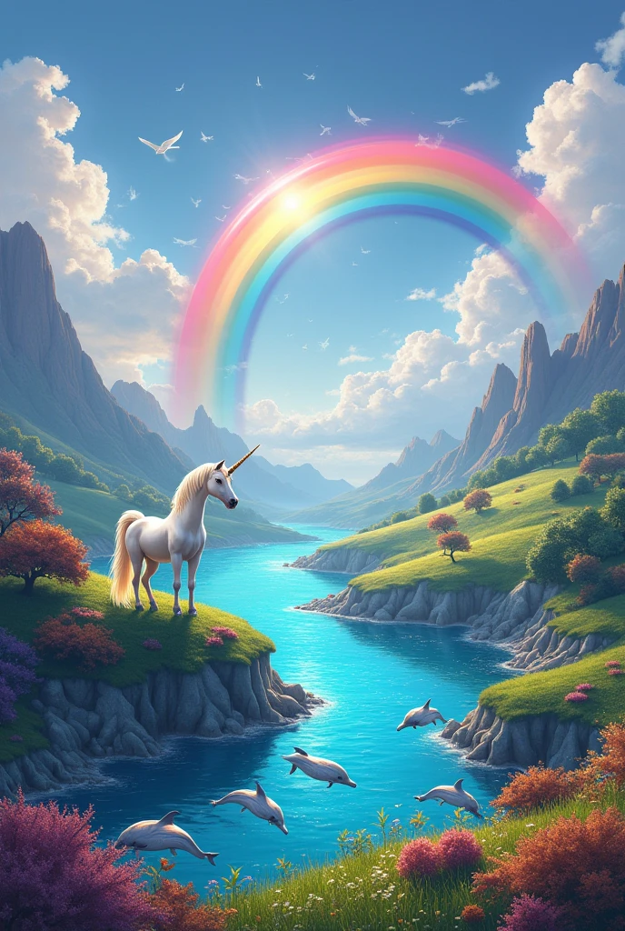 Colorful landscape with dolphins and a rainbow and unicorns